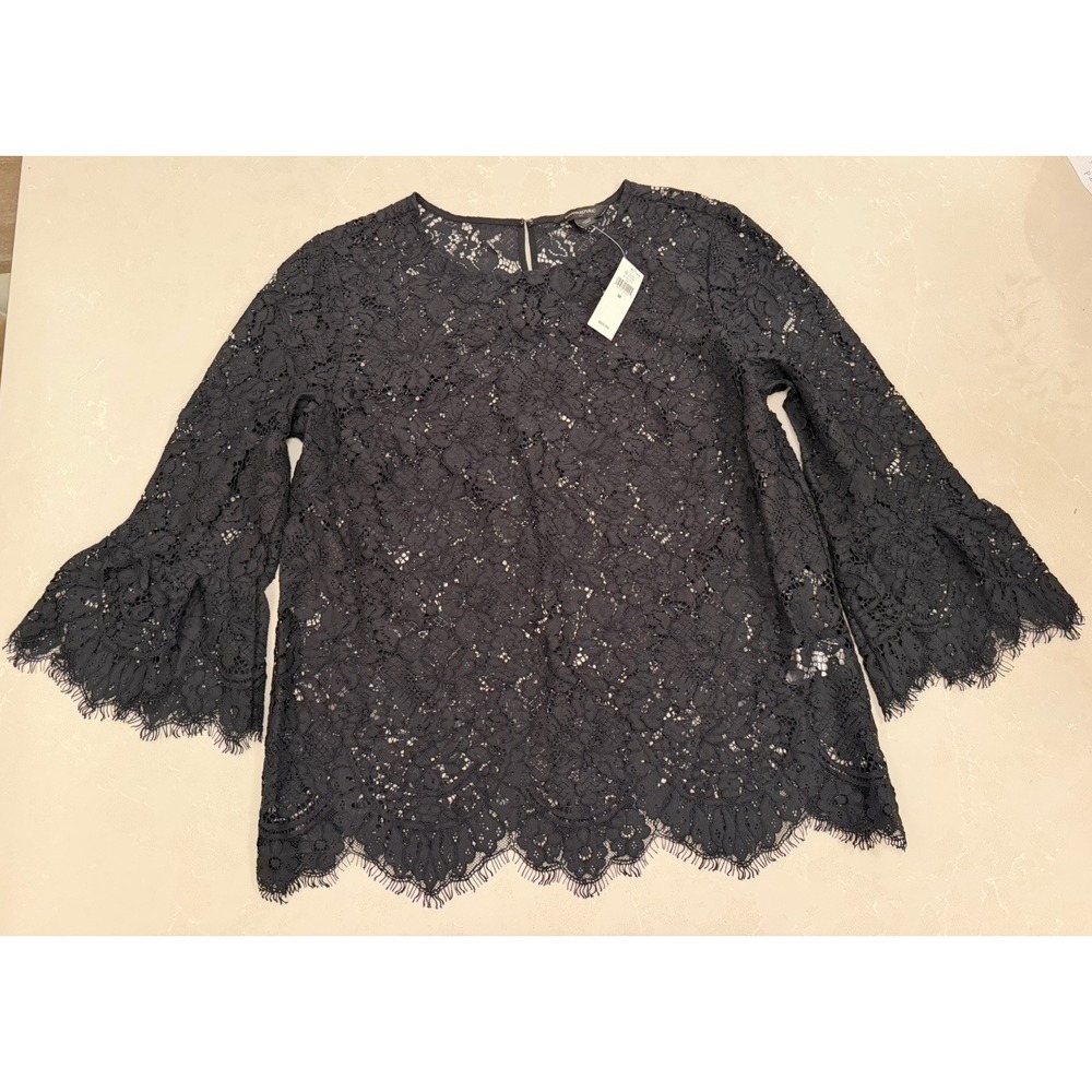 NWT Banana Republic Womens M Black Floral Lace Bell Sleeve Blouse Romantic Goth